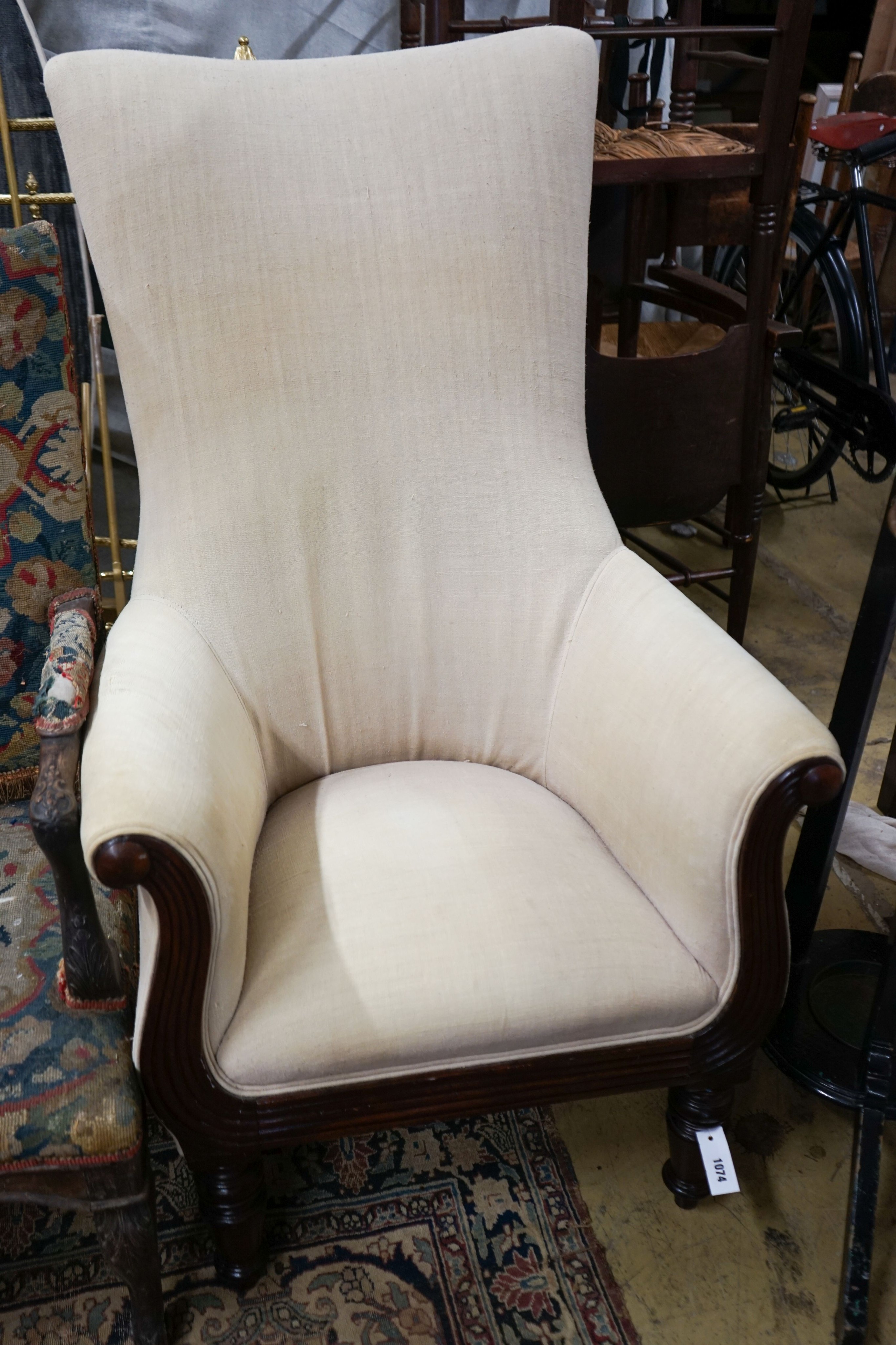 A William IV mahogany upholstered armchair, width 70cm, depth 70cm, height 122cm